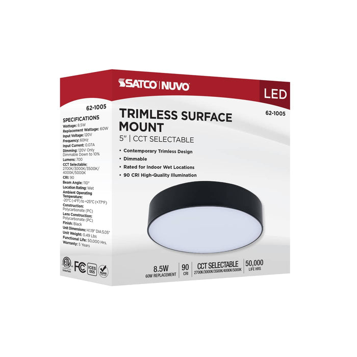 SATCO/NUVO 9W 5 Inch LED Trimless Surface Mount CCT Selectable 2700K/3000K/3500K/4000K/5000K Line Voltage Dimmable Black Finish 120V (62-1005)