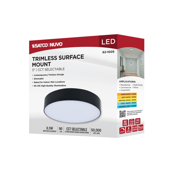 SATCO/NUVO 9W 5 Inch LED Trimless Surface Mount CCT Selectable 2700K/3000K/3500K/4000K/5000K Line Voltage Dimmable Black Finish 120V (62-1005)
