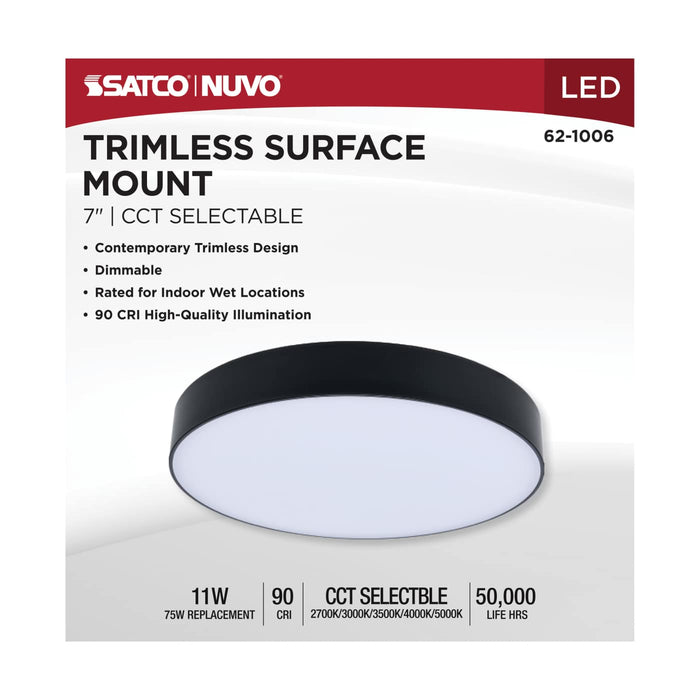 SATCO/NUVO 11W 7 Inch LED Trimless Surface Mount CCT Selectable 2700K/3000K/3500K/4000K/5000K Line Voltage Dimmable Black Finish 120V (62-1006)