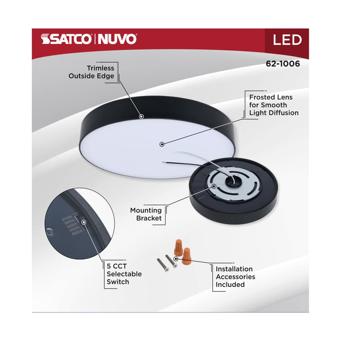 SATCO/NUVO 11W 7 Inch LED Trimless Surface Mount CCT Selectable 2700K/3000K/3500K/4000K/5000K Line Voltage Dimmable Black Finish 120V (62-1006)