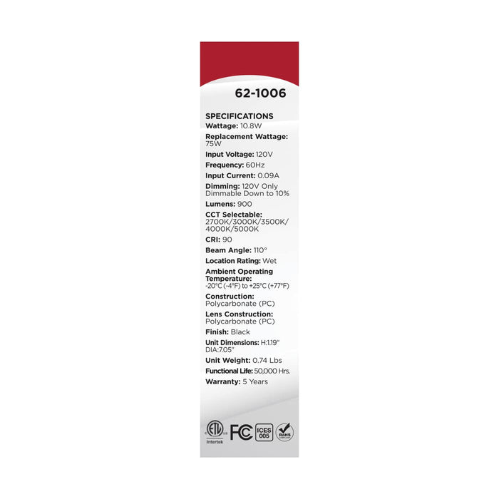 SATCO/NUVO 11W 7 Inch LED Trimless Surface Mount CCT Selectable 2700K/3000K/3500K/4000K/5000K Line Voltage Dimmable Black Finish 120V (62-1006)