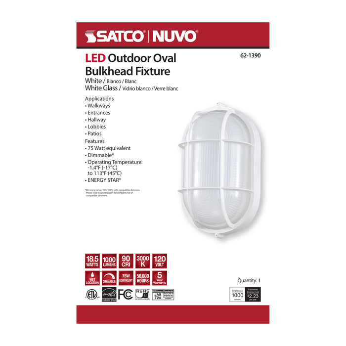 SATCO/NUVO 18.5W LED Oval Bulk Head Outdoor Fixture 1100Lm 90 CRI 120V 3000K White Finish - White Glass (62-1390)