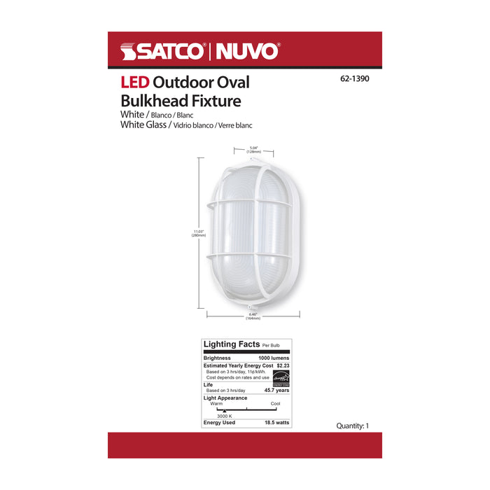 SATCO/NUVO 18.5W LED Oval Bulk Head Outdoor Fixture 1100Lm 90 CRI 120V 3000K White Finish - White Glass (62-1390)