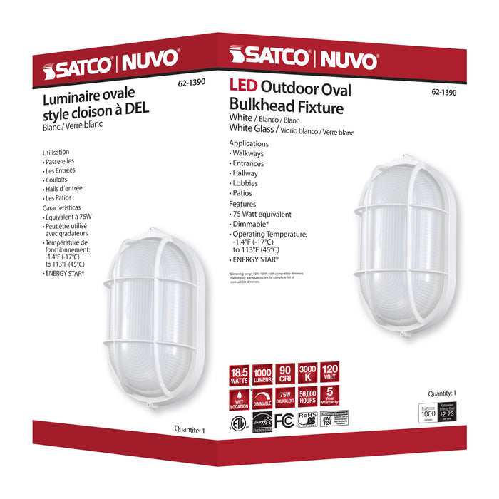 SATCO/NUVO 18.5W LED Oval Bulk Head Outdoor Fixture 1100Lm 90 CRI 120V 3000K White Finish - White Glass (62-1390)