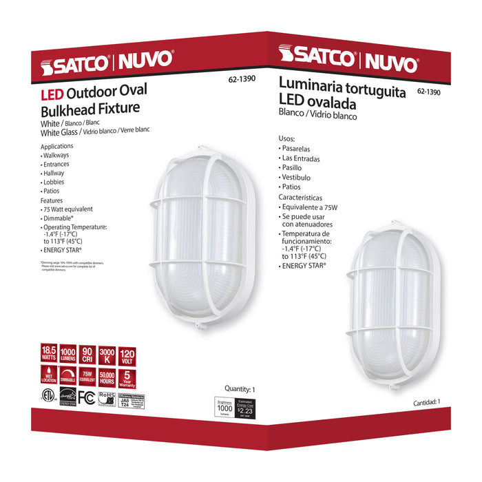 SATCO/NUVO 18.5W LED Oval Bulk Head Outdoor Fixture 1100Lm 90 CRI 120V 3000K White Finish - White Glass (62-1390)