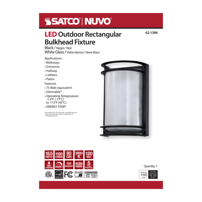 SATCO/NUVO 18.5W LED Rectangular Bulk Head Outdoor Fixture 1100Lm 90 CRI 120V 3000K Black Finish - White Glass (62-1394)