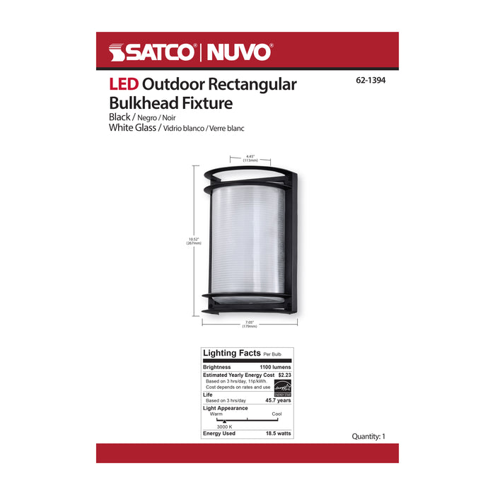 SATCO/NUVO 18.5W LED Rectangular Bulk Head Outdoor Fixture 1100Lm 90 CRI 120V 3000K Black Finish - White Glass (62-1394)