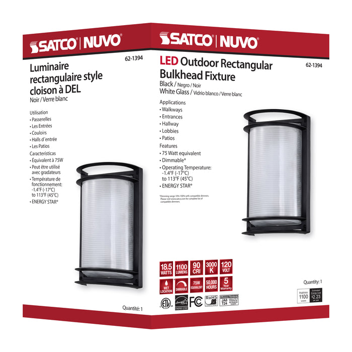 SATCO/NUVO 18.5W LED Rectangular Bulk Head Outdoor Fixture 1100Lm 90 CRI 120V 3000K Black Finish - White Glass (62-1394)