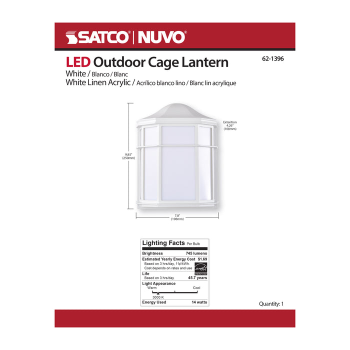 SATCO/NUVO 13.5W LED Cage Lantern Outdoor Fixture 745Lm 90 CRI 120V 3000K White Finish - White Linen Lens (62-1396)