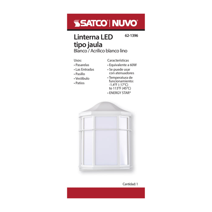 SATCO/NUVO 13.5W LED Cage Lantern Outdoor Fixture 745Lm 90 CRI 120V 3000K White Finish - White Linen Lens (62-1396)