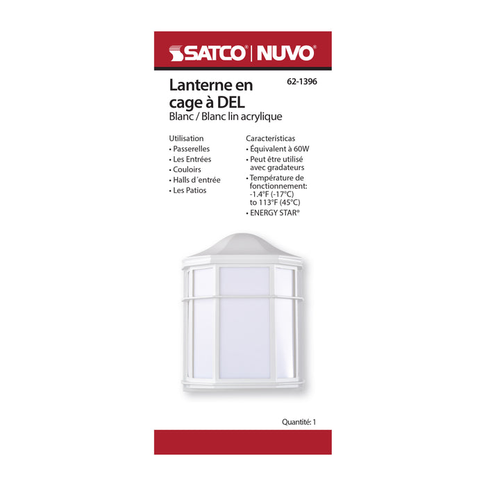 SATCO/NUVO 13.5W LED Cage Lantern Outdoor Fixture 745Lm 90 CRI 120V 3000K White Finish - White Linen Lens (62-1396)