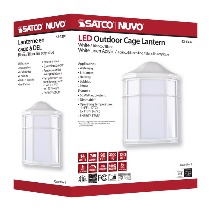 SATCO/NUVO 13.5W LED Cage Lantern Outdoor Fixture 745Lm 90 CRI 120V 3000K White Finish - White Linen Lens (62-1396)