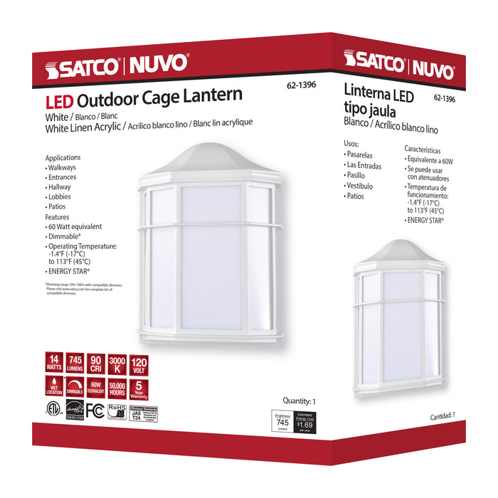 SATCO/NUVO 13.5W LED Cage Lantern Outdoor Fixture 745Lm 90 CRI 120V 3000K White Finish - White Linen Lens (62-1396)