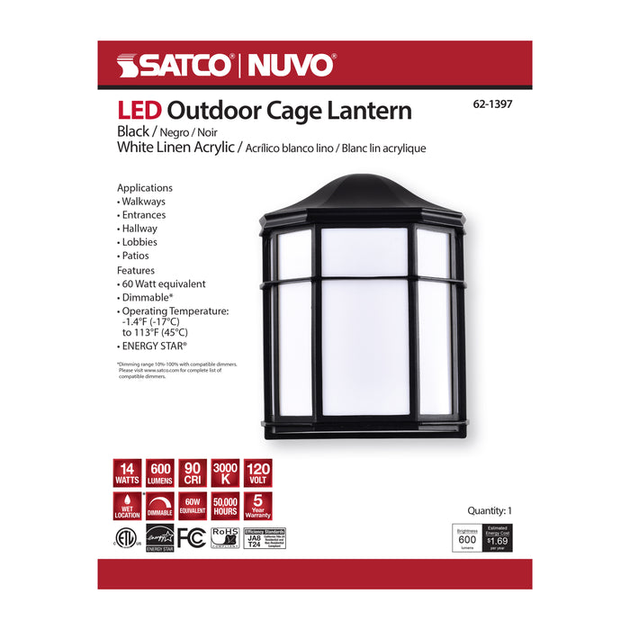 SATCO/NUVO 13.5W LED Cage Lantern Outdoor Fixture 745Lm 90 CRI 120V 3000K Black Finish - White Linen Lens (62-1397)