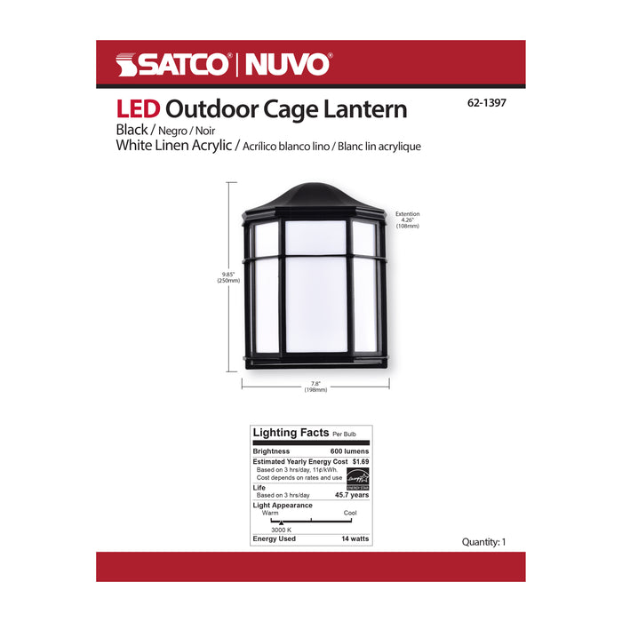 SATCO/NUVO 13.5W LED Cage Lantern Outdoor Fixture 745Lm 90 CRI 120V 3000K Black Finish - White Linen Lens (62-1397)