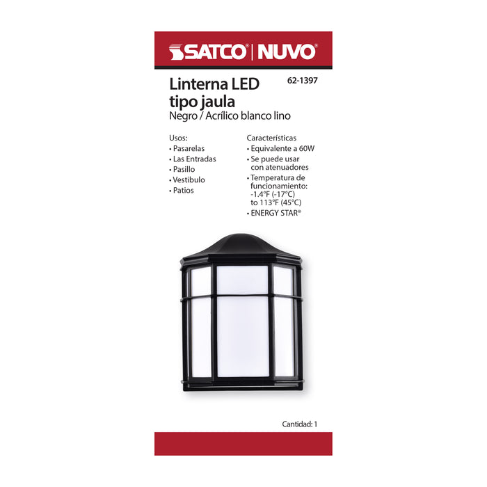 SATCO/NUVO 13.5W LED Cage Lantern Outdoor Fixture 745Lm 90 CRI 120V 3000K Black Finish - White Linen Lens (62-1397)