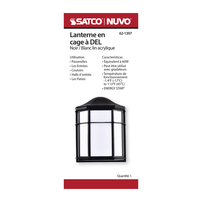 SATCO/NUVO 13.5W LED Cage Lantern Outdoor Fixture 745Lm 90 CRI 120V 3000K Black Finish - White Linen Lens (62-1397)