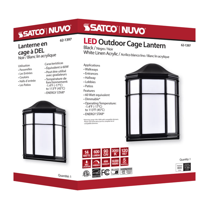 SATCO/NUVO 13.5W LED Cage Lantern Outdoor Fixture 745Lm 90 CRI 120V 3000K Black Finish - White Linen Lens (62-1397)