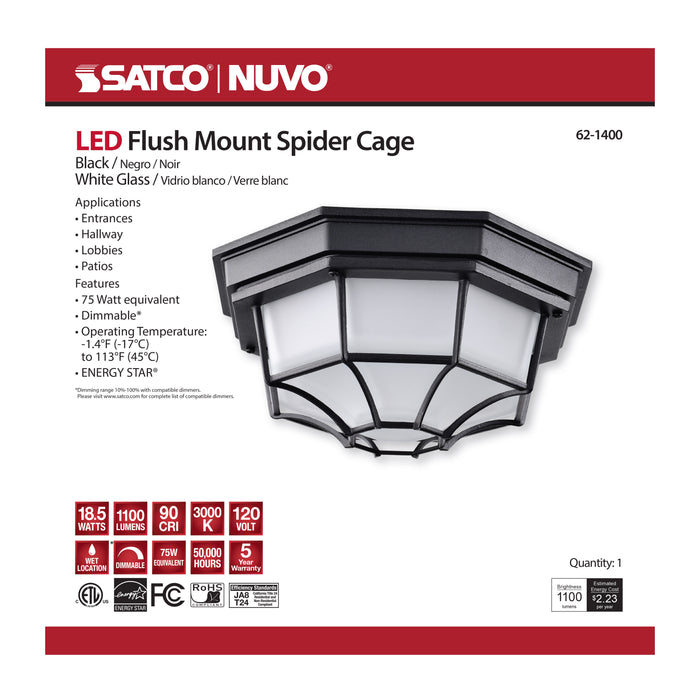 SATCO/NUVO 18.5W LED Spider Cage Outdoor Fixture 1100Lm 90 CRI 120V 3000K Black Finish - Frosted Glass (62-1400)