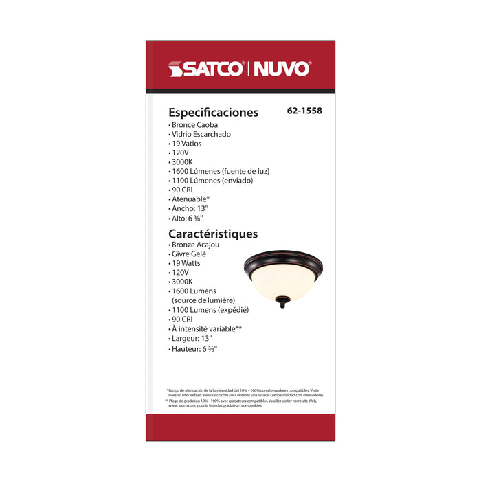 SATCO/NUVO Center Lock 13 Inch LED Flush Mount 19W 3000K Mahogany Bronze Finish Frosted Glass (62-1558)