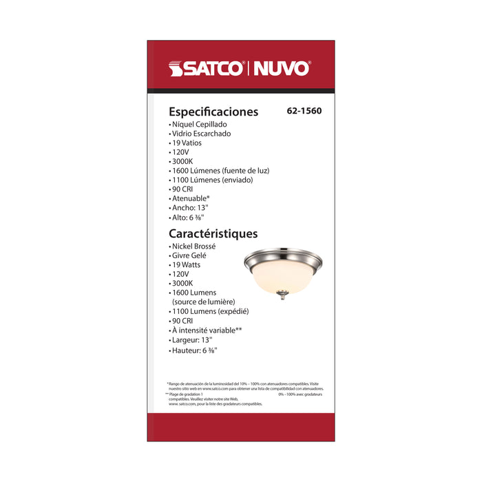 SATCO/NUVO Center Lock 13 Inch LED Flush Mount 19W 3000K Brushed Nickel Finish Frosted Glass (62-1560)