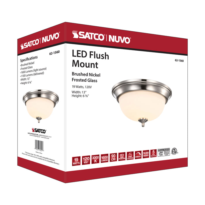 SATCO/NUVO Center Lock 13 Inch LED Flush Mount 19W 3000K Brushed Nickel Finish Frosted Glass (62-1560)