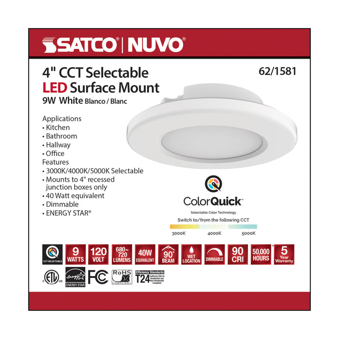 SATCO/NUVO 4 Inch LED Surface Mount Fixture CCT Selectable 3000K/4000K/5000K White (62-1581)