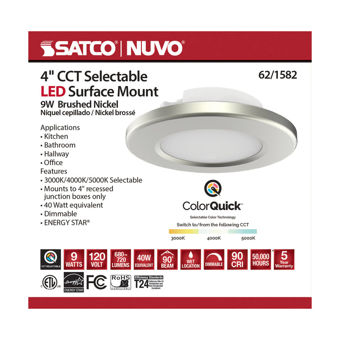 SATCO/NUVO 4 Inch LED Surface Mount Fixture CCT Selectable 3000K/4000K/5000K Brushed Nickel (62-1582)