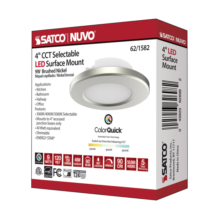 SATCO/NUVO 4 Inch LED Surface Mount Fixture CCT Selectable 3000K/4000K/5000K Brushed Nickel (62-1582)