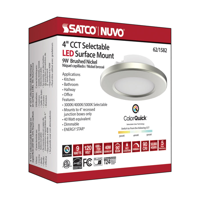 SATCO/NUVO 4 Inch LED Surface Mount Fixture CCT Selectable 3000K/4000K/5000K Brushed Nickel (62-1582)