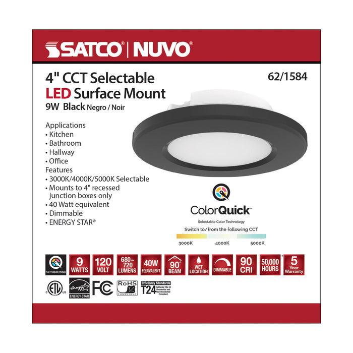 SATCO/NUVO 4 Inch LED Surface Mount Fixture CCT Selectable 3000K/4000K/5000K Black (62-1584)