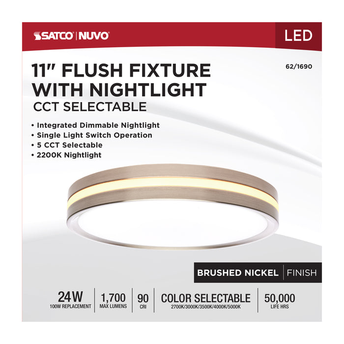 SATCO/NUVO 11 Inch Surface Mount With Night Light CCT Selectable 2700K/3000K/3500K/4000K/5000K Brushed Nickel Finish (62-1690)