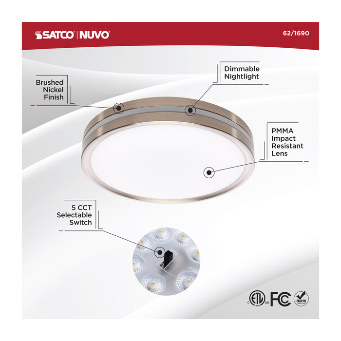 SATCO/NUVO 11 Inch Surface Mount With Night Light CCT Selectable 2700K/3000K/3500K/4000K/5000K Brushed Nickel Finish (62-1690)