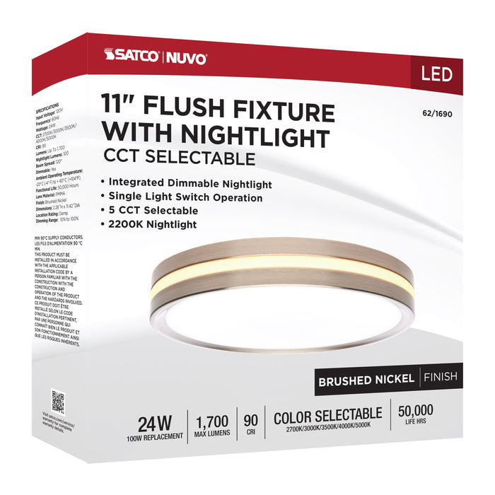 SATCO/NUVO 11 Inch Surface Mount With Night Light CCT Selectable 2700K/3000K/3500K/4000K/5000K Brushed Nickel Finish (62-1690)