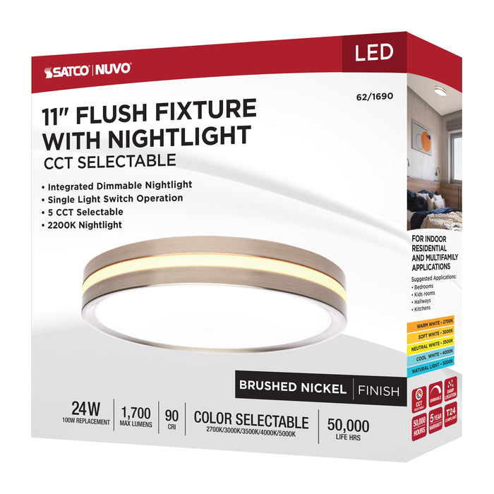 SATCO/NUVO 11 Inch Surface Mount With Night Light CCT Selectable 2700K/3000K/3500K/4000K/5000K Brushed Nickel Finish (62-1690)