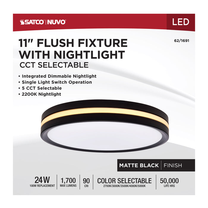 SATCO/NUVO 11 Inch Surface Mount With Night Light CCT Selectable 2700K/3000K/3500K/4000K/5000K Matte Black Finish (62-1691)
