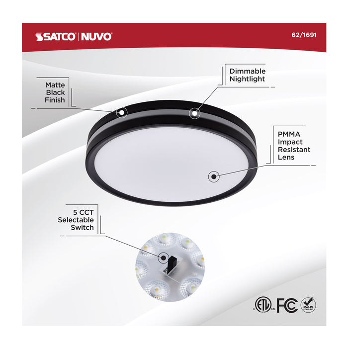SATCO/NUVO 11 Inch Surface Mount With Night Light CCT Selectable 2700K/3000K/3500K/4000K/5000K Matte Black Finish (62-1691)