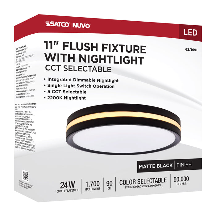 SATCO/NUVO 11 Inch Surface Mount With Night Light CCT Selectable 2700K/3000K/3500K/4000K/5000K Matte Black Finish (62-1691)
