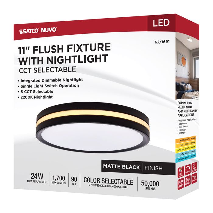 SATCO/NUVO 11 Inch Surface Mount With Night Light CCT Selectable 2700K/3000K/3500K/4000K/5000K Matte Black Finish (62-1691)