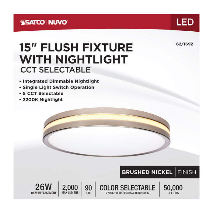 SATCO/NUVO 15 Inch Surface Mount With Night Light CCT Selectable 2700K/3000K/3500K/4000K/5000K Brushed Nickel Finish (62-1692)