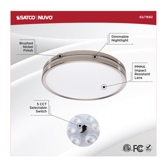 SATCO/NUVO 15 Inch Surface Mount With Night Light CCT Selectable 2700K/3000K/3500K/4000K/5000K Brushed Nickel Finish (62-1692)
