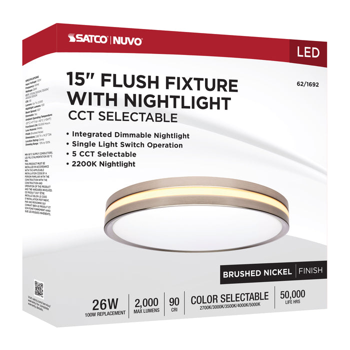 SATCO/NUVO 15 Inch Surface Mount With Night Light CCT Selectable 2700K/3000K/3500K/4000K/5000K Brushed Nickel Finish (62-1692)
