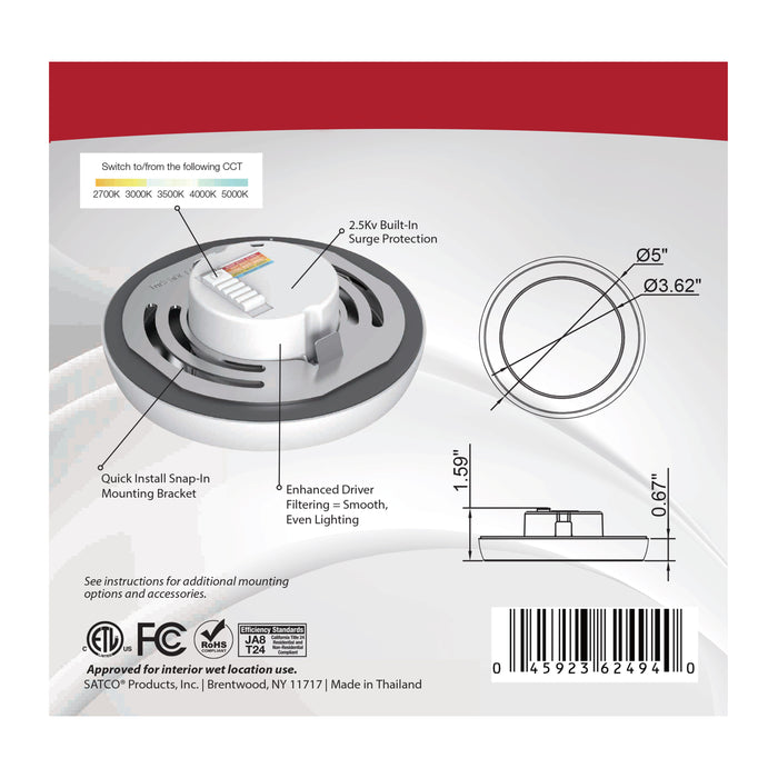 SATCO/NUVO Blink - 9W 5 Inch LED Fixture CCT Selectable 2700K/3000K/3500K/4000K/5000K Round Shape White Finish 120V (62-1700)