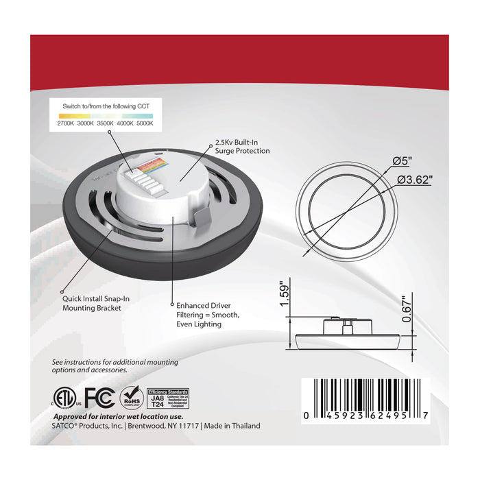 SATCO/NUVO Blink - 9W 5 Inch LED Fixture CCT Selectable 2700K/3000K/3500K/4000K/5000K Round Shape Black Finish 120V (62-1701)