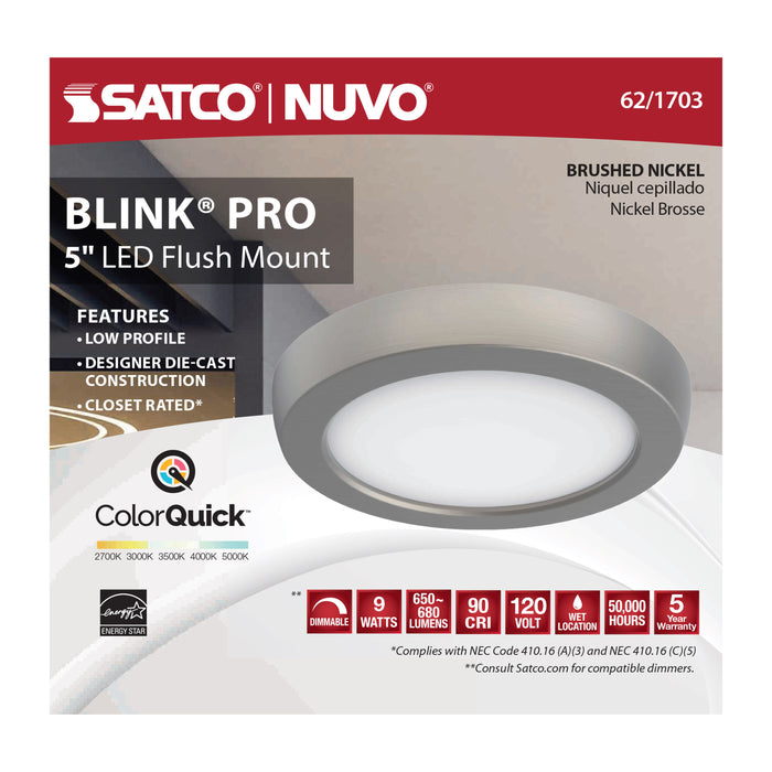 SATCO/NUVO Blink - 9W 5 Inch LED Fixture CCT Selectable 2700K/3000K/3500K/4000K/5000K Round Shape Brushed Nickel Finish 120V (62-1703)
