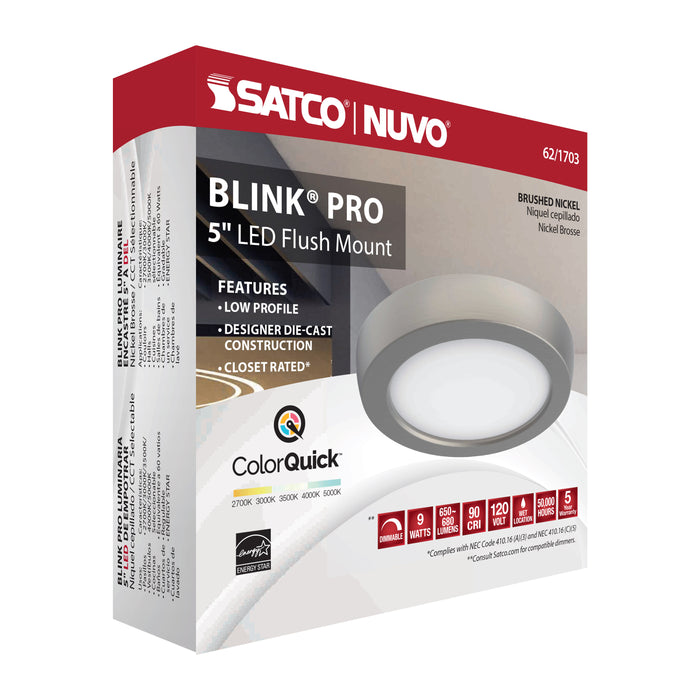 SATCO/NUVO Blink - 9W 5 Inch LED Fixture CCT Selectable 2700K/3000K/3500K/4000K/5000K Round Shape Brushed Nickel Finish 120V (62-1703)