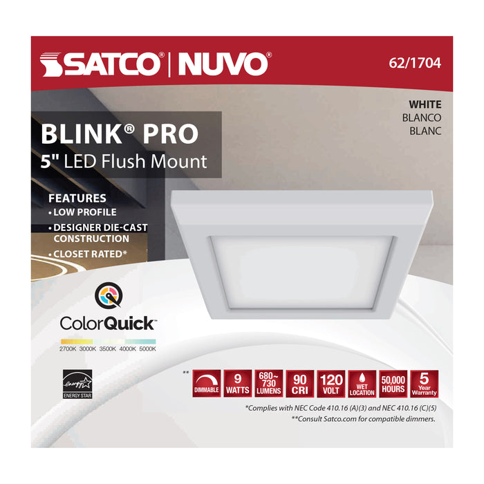 SATCO/NUVO Blink - 9W 5 Inch LED Fixture CCT Selectable 2700K/3000K/3500K/4000K/5000K Square Shape White Finish 120V (62-1704)