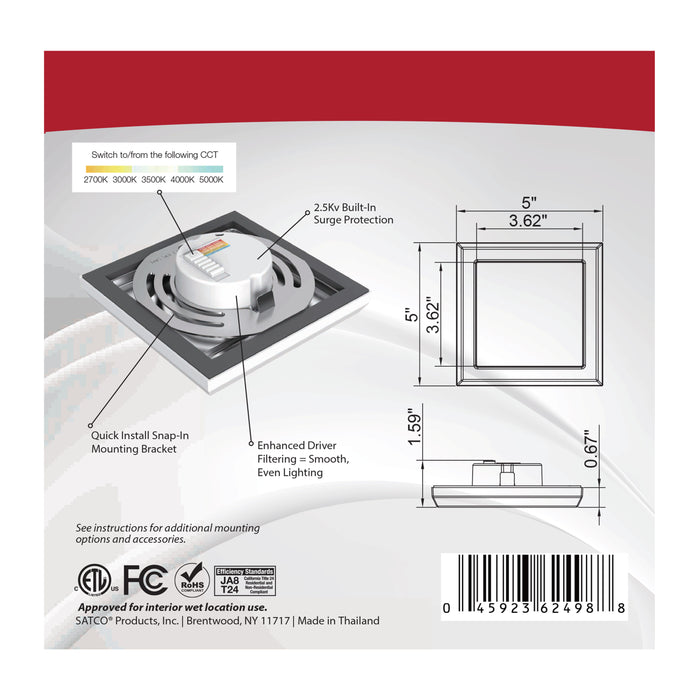 SATCO/NUVO Blink - 9W 5 Inch LED Fixture CCT Selectable 2700K/3000K/3500K/4000K/5000K Square Shape White Finish 120V (62-1704)