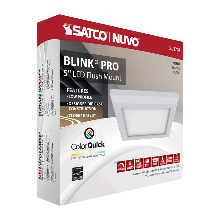 SATCO/NUVO Blink - 9W 5 Inch LED Fixture CCT Selectable 2700K/3000K/3500K/4000K/5000K Square Shape White Finish 120V (62-1704)