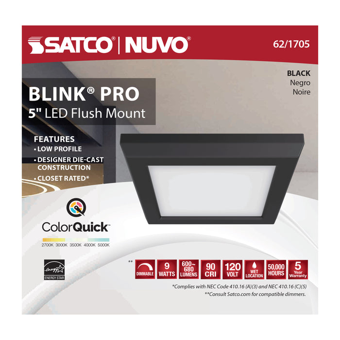 SATCO/NUVO Blink - 9W 5 Inch LED Fixture CCT Selectable 2700K/3000K/3500K/4000K/5000K Square Shape Black Finish 120V (62-1705)